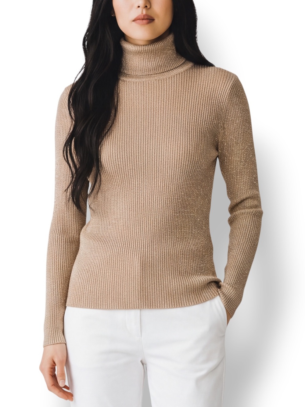 4/$20 Pria Gold Metallic Ribbed Turtleneck Sweater Long Sleeve Large